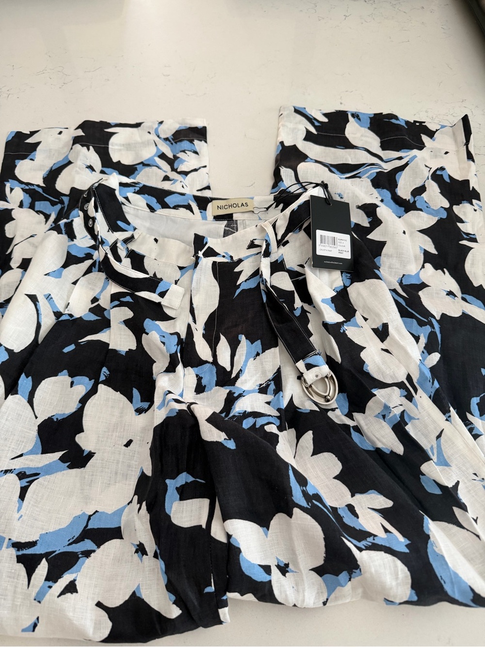 NICHOLAS Black Floral Maxi Dress with Blue & White Print